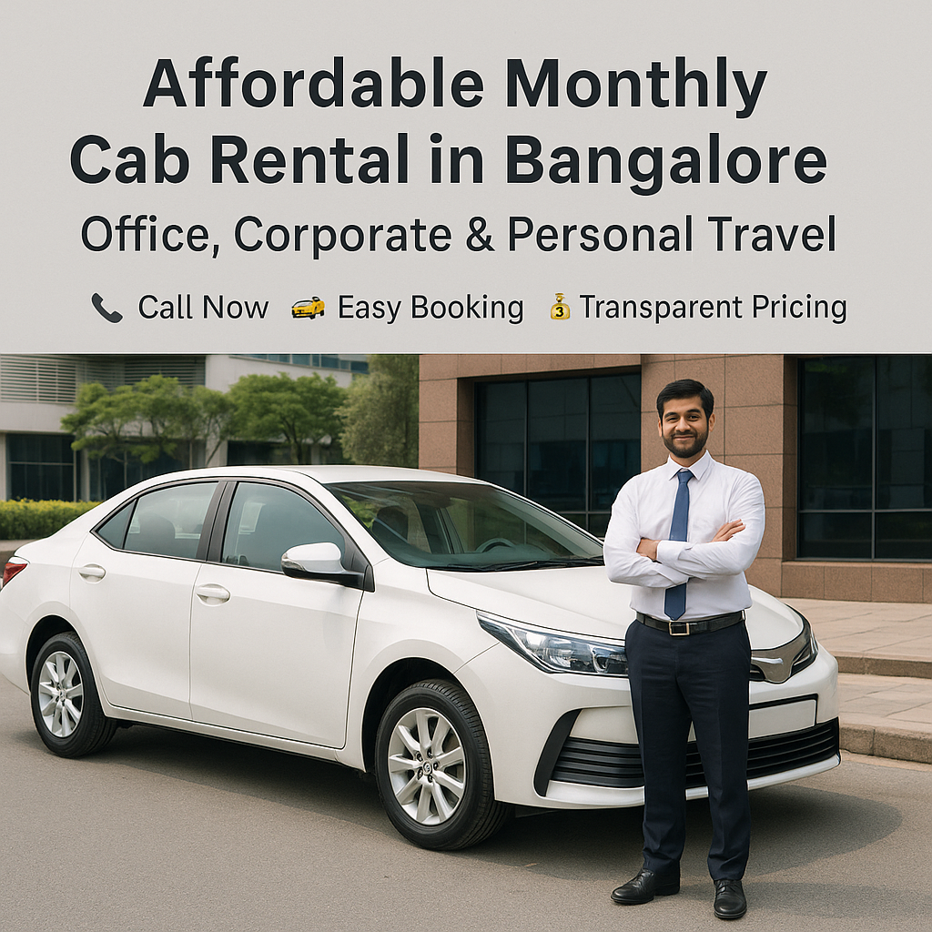Professional driver with white cab offering affordable monthly cab rental in Bangalore for office, corporate and personal travel