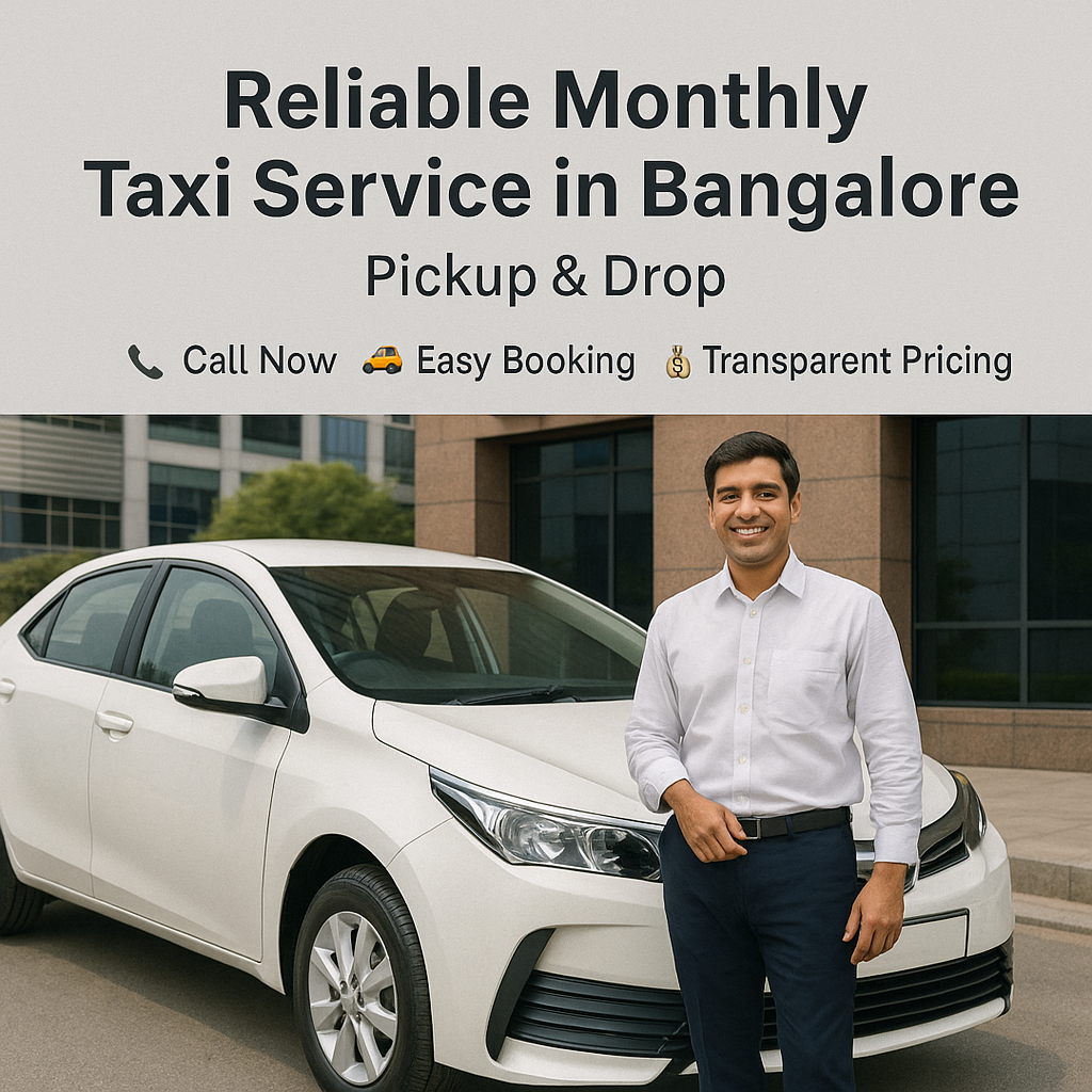 Monthly taxi service in Bangalore with sedan and smiling driver for daily pickup and drop