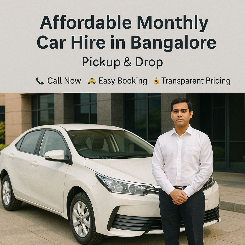 Affordable monthly car hire in Bangalore with driver waiting outside office building