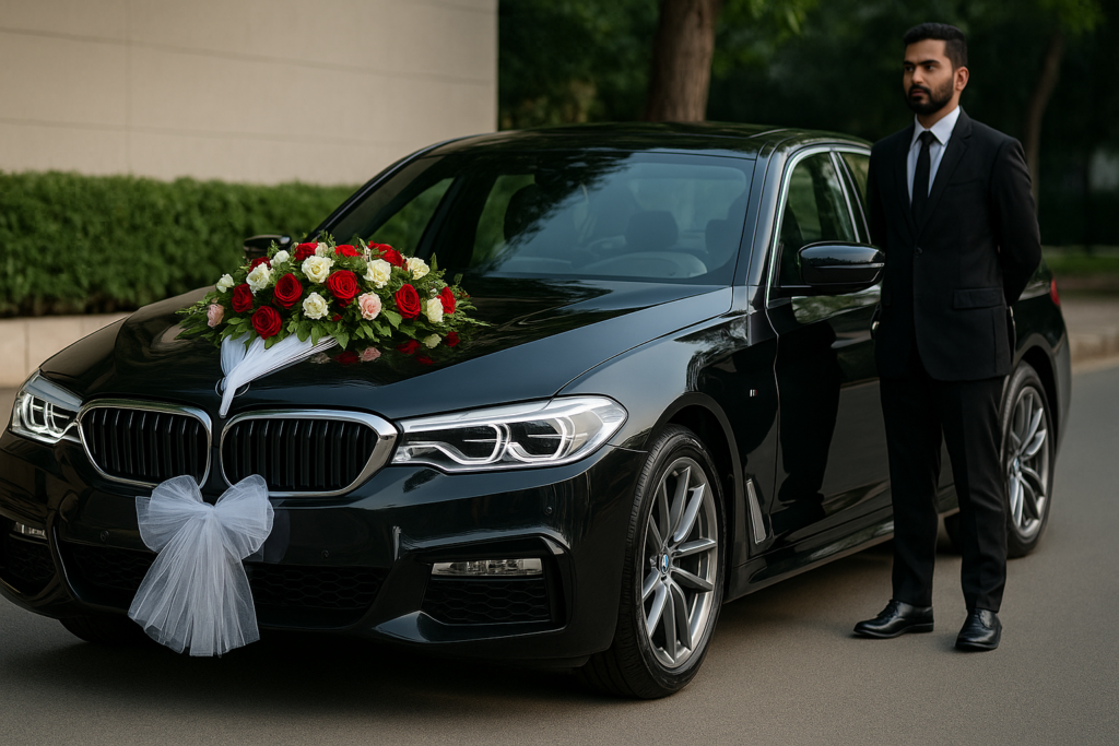 "BMW 530Li wedding car rental in Bangalore – decorated luxury sedan with chauffeur"